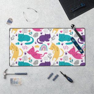 Cute silly cartoon cats and flowers pattern desk mat