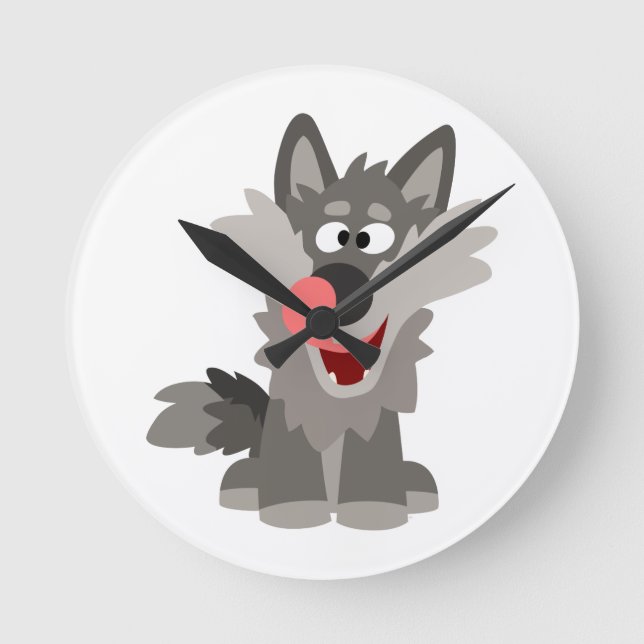 Cute Silly Cartoon Wolf Round Clock (Front)