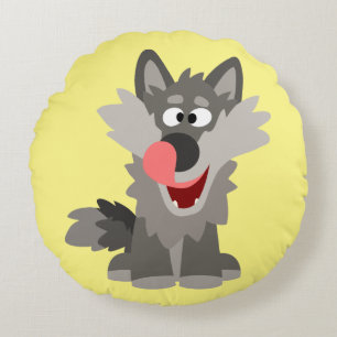 Cute Silly Cartoon Wolf Round Cushion
