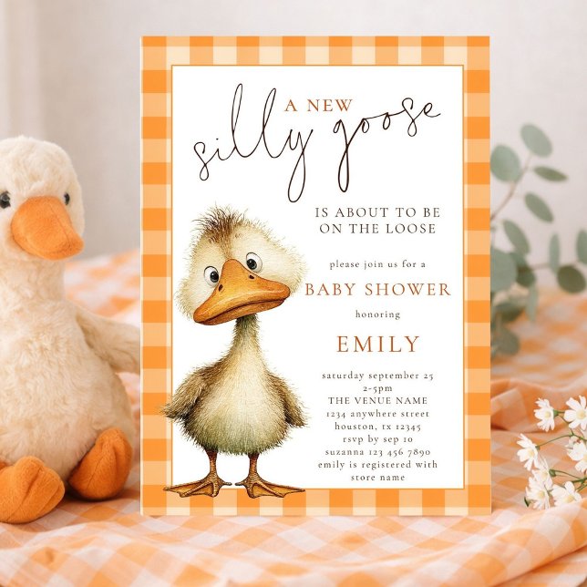 Cute Silly Goose Orange Gingham Baby Shower Invitation (Creator Uploaded)