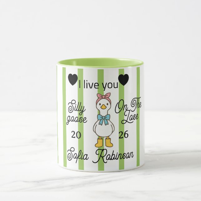 Cute Silly Goose Pink Stripe Personalised Mug (Center)