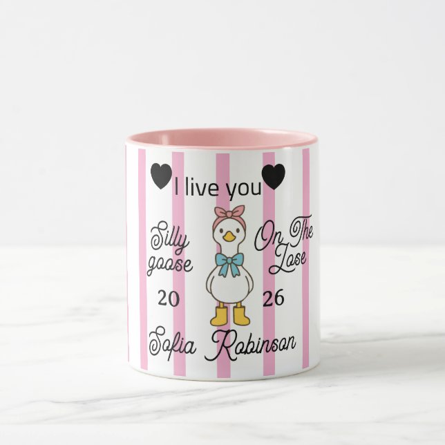 Cute Silly Goose Pink Stripe Personalized Mug (Center)