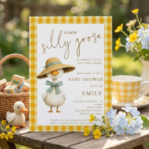 Cute Silly Goose Yellow Gingham Baby Shower Invitation