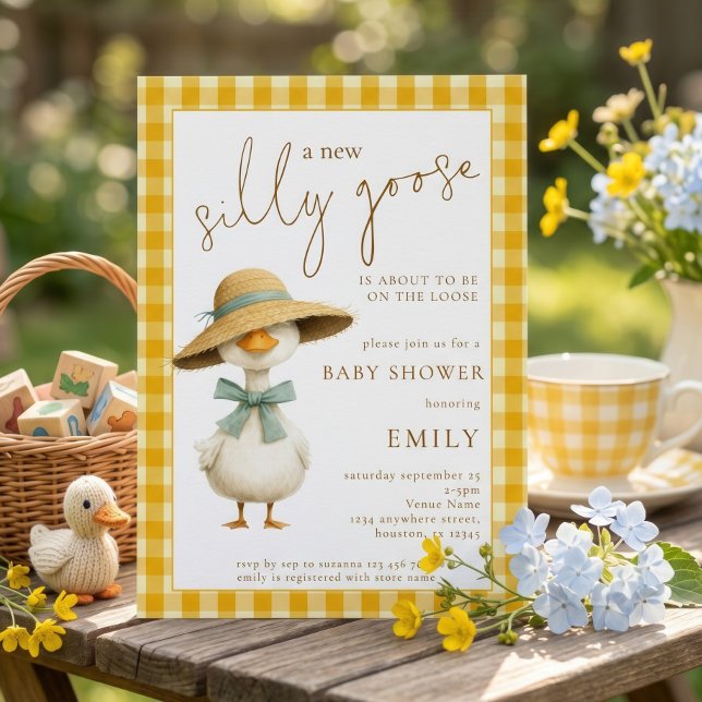 Cute Silly Goose Yellow Gingham Baby Shower Invitation (Creator Uploaded)