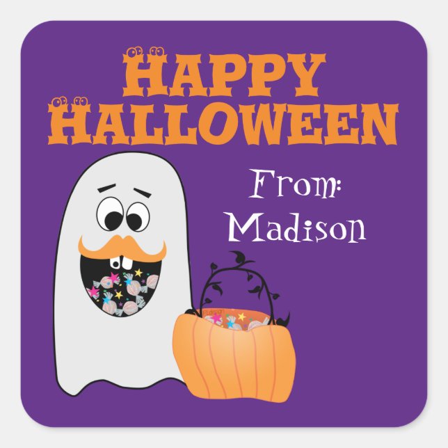 Cute Silly Halloween Ghost Purple Custom Kids Name Square Sticker (Front)