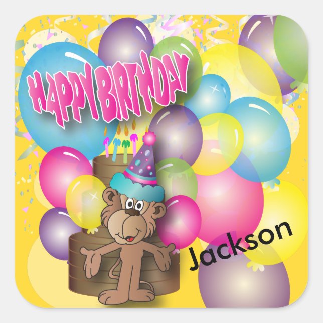Cute Silly Monkey Yellow Birthday Party Square Sticker (Front)