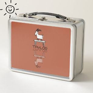 Cute Silly Pink Goat Reflection Doodle Custom Name Metal Lunch Box