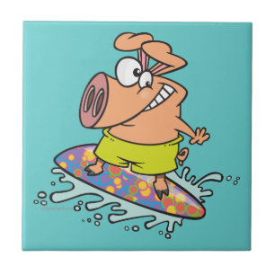 cute silly surfer surfing piggy pig tile