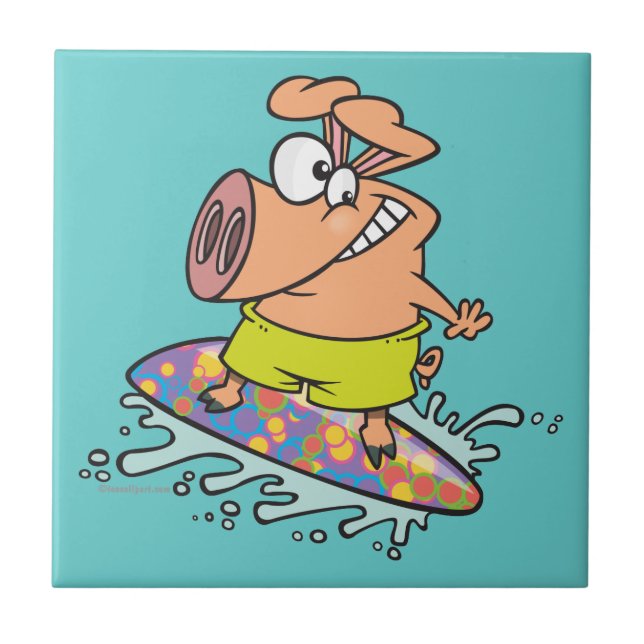 cute silly surfer surfing piggy pig tile (Front)