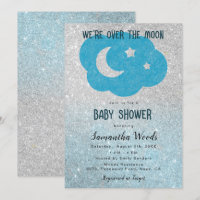 Cute Silver and Blue Glitter Moon Baby Shower