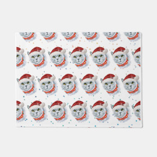 Cute Silver Cat with Santa Hat Christmas Doormat