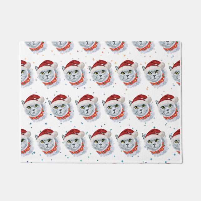 Cute Silver Cat with Santa Hat Christmas Doormat (Front)