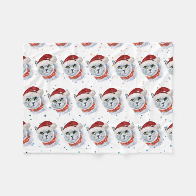 Cute Silver Cat with Santa Hat Christmas Fleece Blanket (Front (Horizontal))