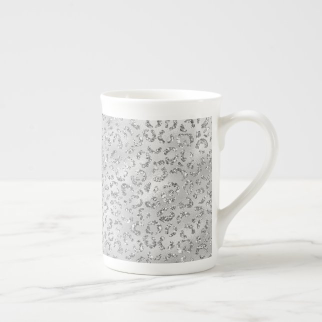 Cute Silver Cheetah Leopard Skin Print Pattern Bone China Mug (Right)