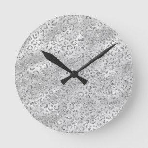 Cute Silver Cheetah Leopard Skin Print Pattern Round Clock