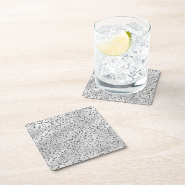 Cute Silver Cheetah Leopard Skin Print Pattern Square Paper Coaster (Insitu)