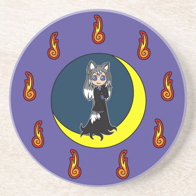Cute Silver Fox Girl (Kitsune) Coaster (Front)