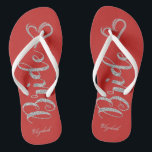 Cute Silver Glitter Bride,Heart  -Personalised Flip Flops<br><div class="desc">Cute silver  glittery bride and heart on red background  with your name. Select the costume button to change the fonts style, colour and size.Any girl would love to have this elegant and stylish design .</div>