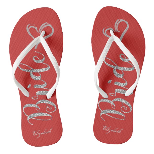 Cute Silver Glitter Bride,Heart  -Personalised Flip Flops (Footbed)