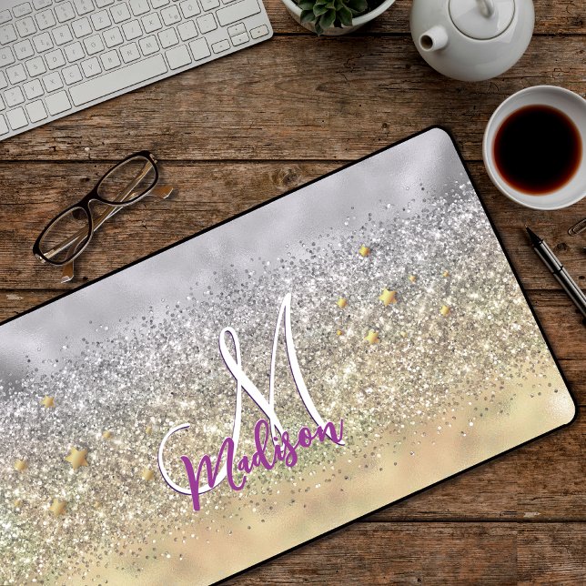 Cute silver gold Glitter stars monogram Desk Mat (Creator Uploaded)