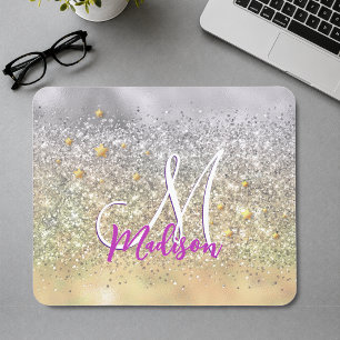 Cute silver gold Glitter stars monogram Mouse Mat