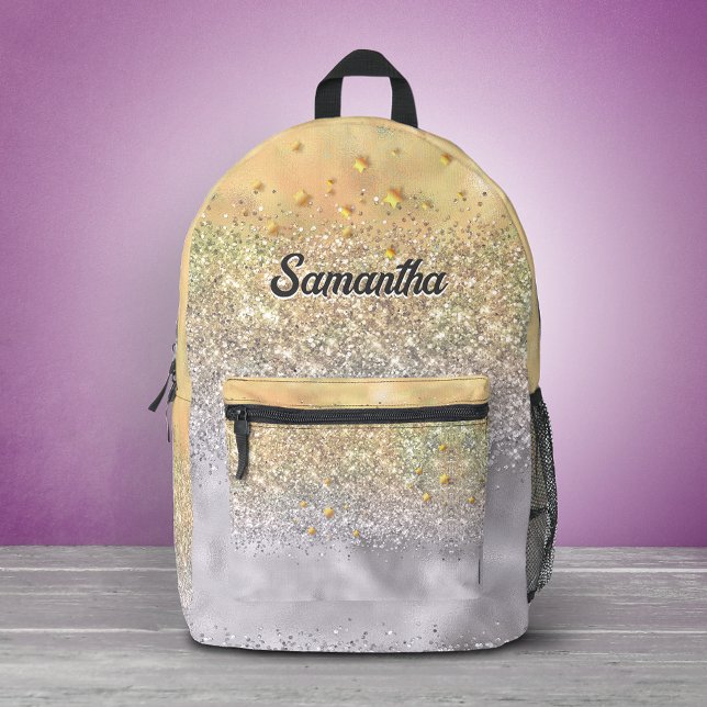 Cute silver gold Glitter stars monogram Printed Backpack (Creator Uploaded)