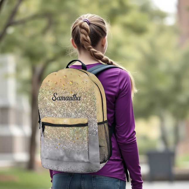 Cute silver gold Glitter stars monogram Printed Backpack (Creator Uploaded)