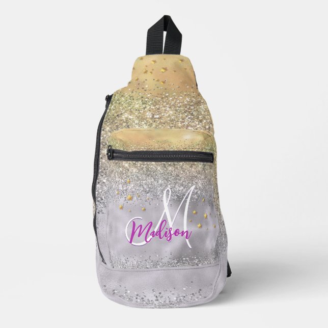Cute silver gold Glitter stars monogram Printed Sling Bag (Front)