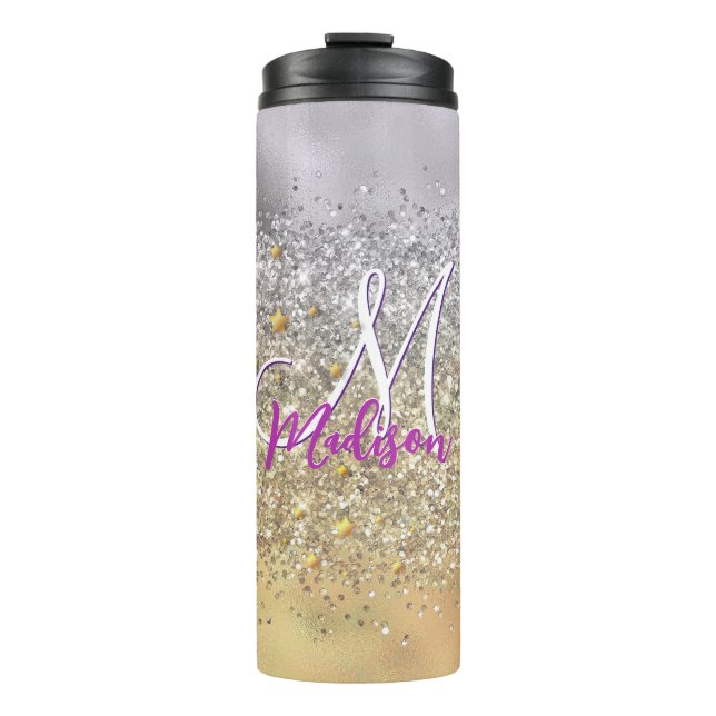 Cute silver gold Glitter stars monogram Thermal Tumbler (Front)