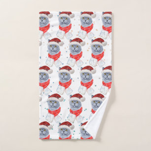 Cute Silver Gray Cat With Santa Hat Christmas Hand Towel