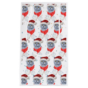 Cute Silver Gray Cat With Santa Hat Christmas Small Gift Bag