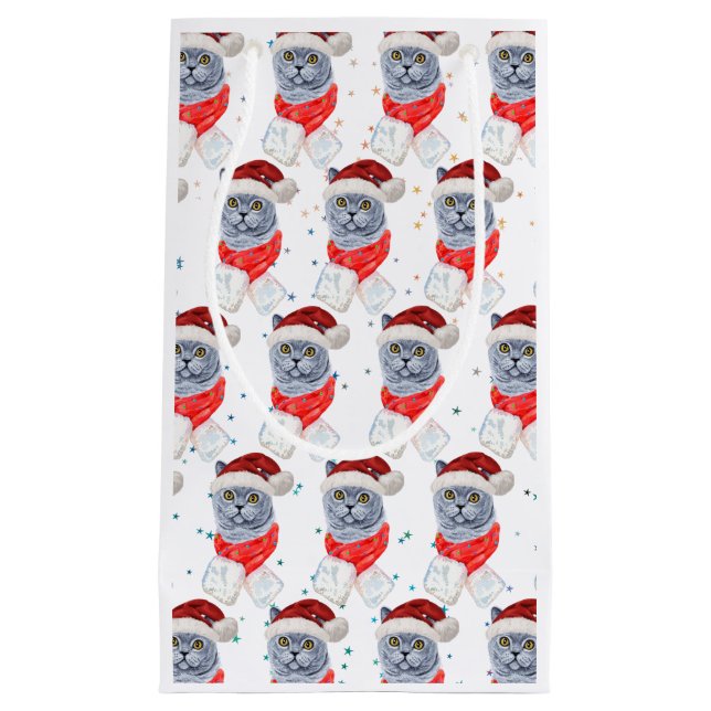 Cute Silver Gray Cat With Santa Hat Christmas Small Gift Bag (Front)