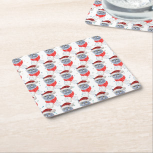 Cute Silver Grey Cat With Santa Hat Christmas Square Paper Coaster