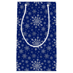 Cute Silver Grey Christmas Snowflakes on Blue   Small Gift Bag