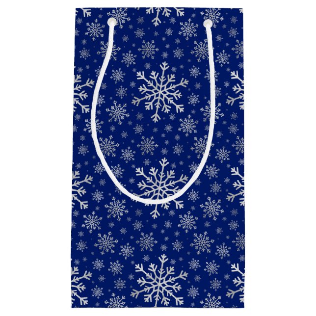 Cute Silver Grey Christmas Snowflakes on Blue   Small Gift Bag (Front)