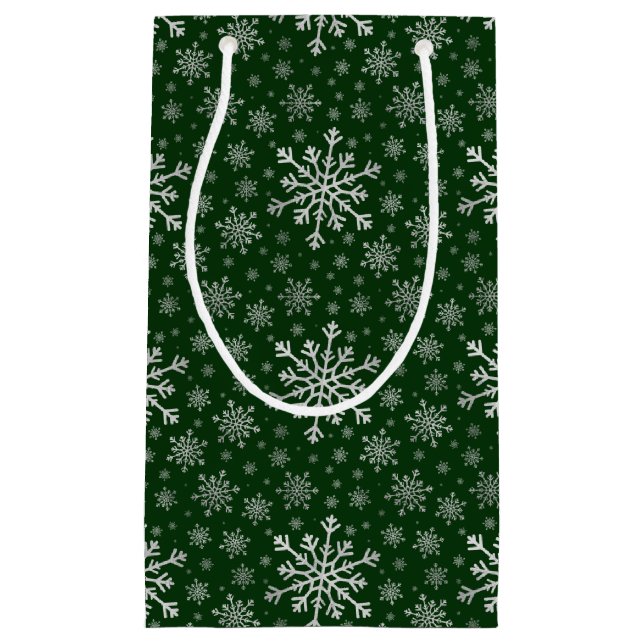 Cute Silver Grey Christmas Snowflakes on Green   Small Gift Bag (Front)