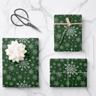 Cute Silver Grey Christmas Snowflakes on Green Wra Wrapping Paper Sheet