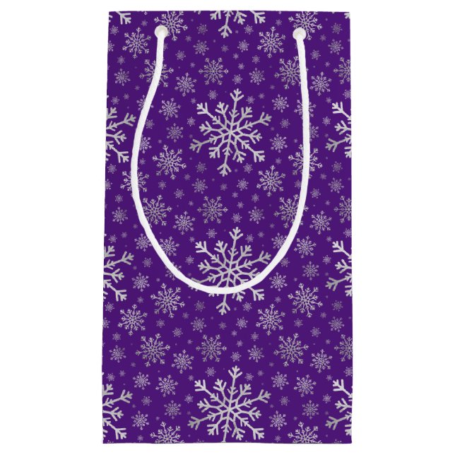 Cute Silver Grey Christmas Snowflakes on Purple  Small Gift Bag (Front)