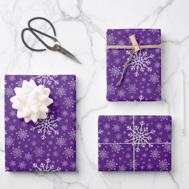 Cute Silver Grey Christmas Snowflakes on Purple Wr Wrapping Paper Sheet (Front)