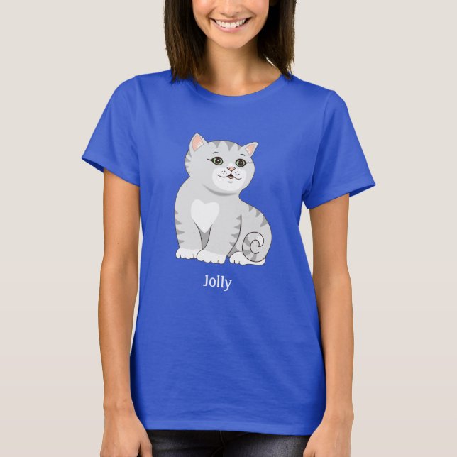 Cute Silver Grey Tabby Kitty Cat T-Shirt (Front)