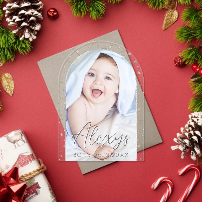  Cute Silver Stars Winter Photo Birth Announcement (Insitu (Holiday))