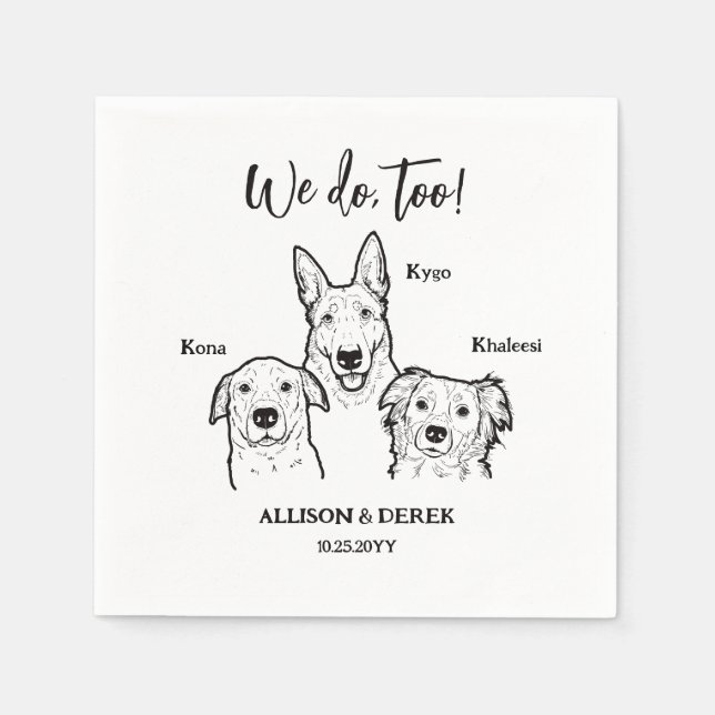 Cute Simple 3 Dogs Pet Drawing Artwork Wedding Napkin (Front)