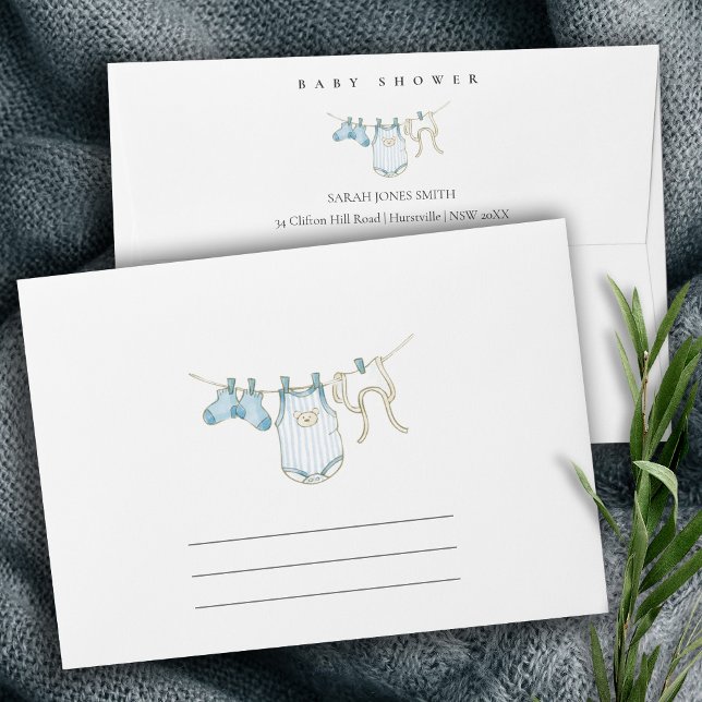 Cute Simple Aqua Blue Boy Clothesline Baby Shower Envelope (Creator Uploaded)