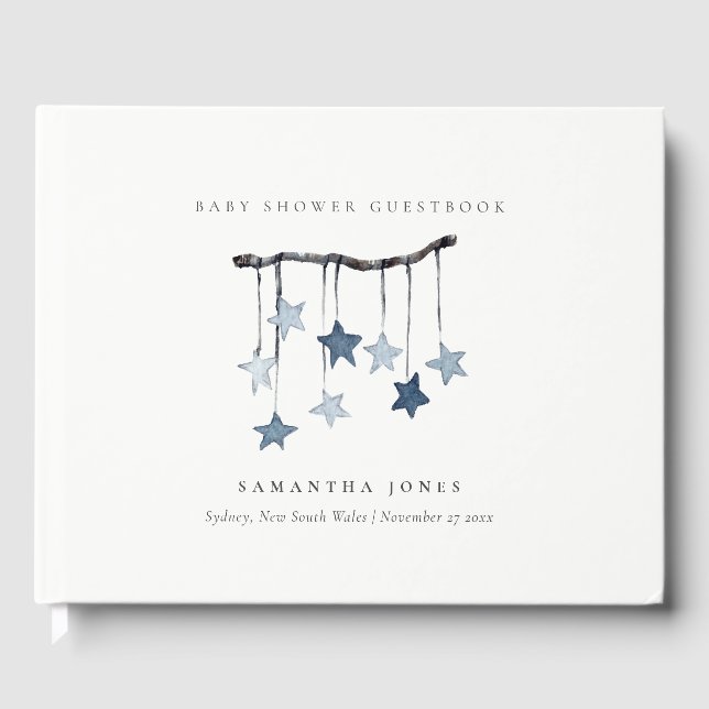 Cute Simple Aqua Blue Star Mobile Boy Baby Shower Guest Book (Front)