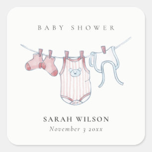 Cute Simple Baby Clothesline Pink Girl Baby Shower Square Sticker