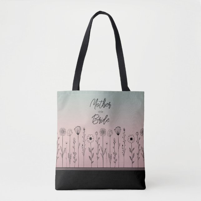 Cute Simple Black Rose Gold Flower Doodles Bridal Tote Bag (Front)