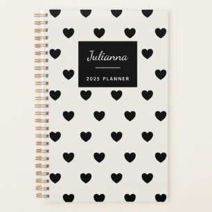 Cute Simple Black White Hearts Personalised 2025 Planner