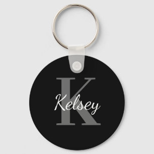 Cute Simple Black & White Monogram Initial & Name Key Ring