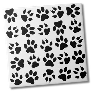 Cute Simple Black White Pet Dog Paw Print Pattern Tile