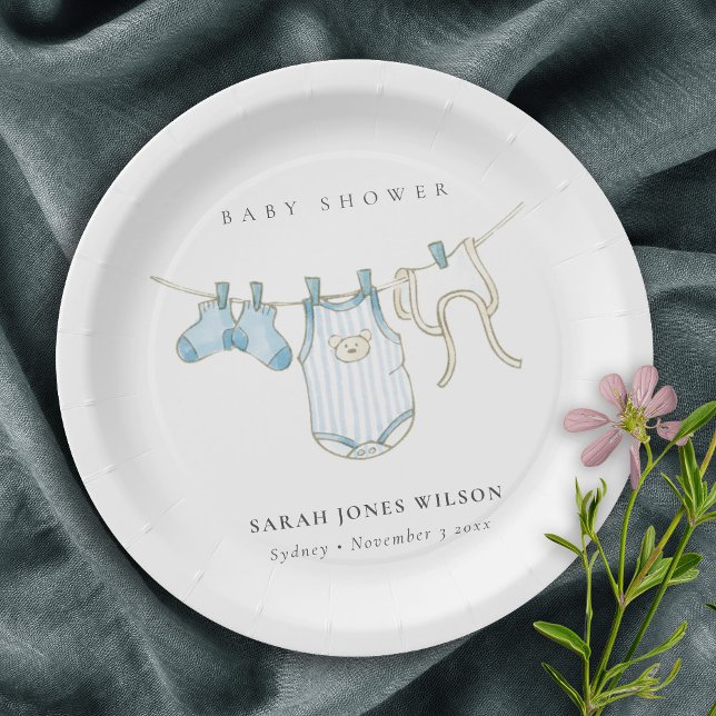 Cute Simple Blue Baby Boy Clothesline Baby Shower Paper Plate (Creator Uploaded)